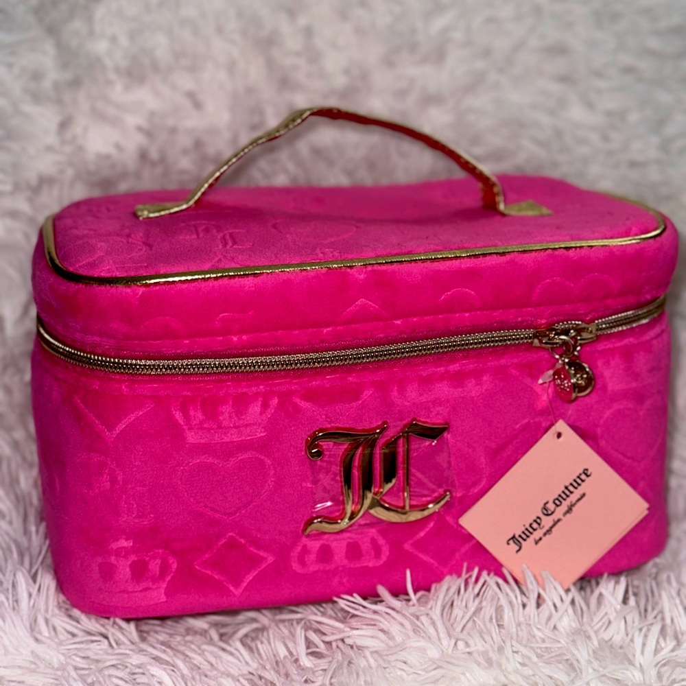 Juicy Couture Hot Pink Velour Travel Cosmetic Bag + 1 Travel Bottle